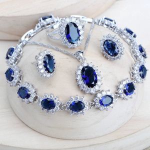 Zilver 925 vrouwen bruids sieraden sets blauw zirconia kostuum fijn sieraden bruiloft ketting oorbellen ringen armbanden hanger set 240401