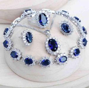 Silver 925 Femmes Bijoux de mariée Ensembles Blue Zirconia Costume Fine Bijoux Collier Collier Boucles d'oreilles Branches Bracelets Pendant Set 228291736