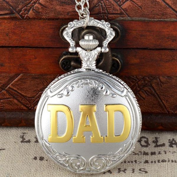 Argent et or DAD thème complet Quartz gravé Fob rétro pendentif montre de poche chaîne Gift2829