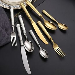 Cuillère en acier inoxydable argenté et doré, fourchette, couteau de table, cuillère à thé, manche évidé en relief, vaisselle vintage, cuillère à soupe, vaisselle