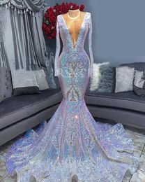 Zilveren Applique Pailletten V-hals Mermaid Prom Dresses 2022 Lange Mouwen Afrikaanse Aso Ebi Avondjurken Graduatie Party Jurken