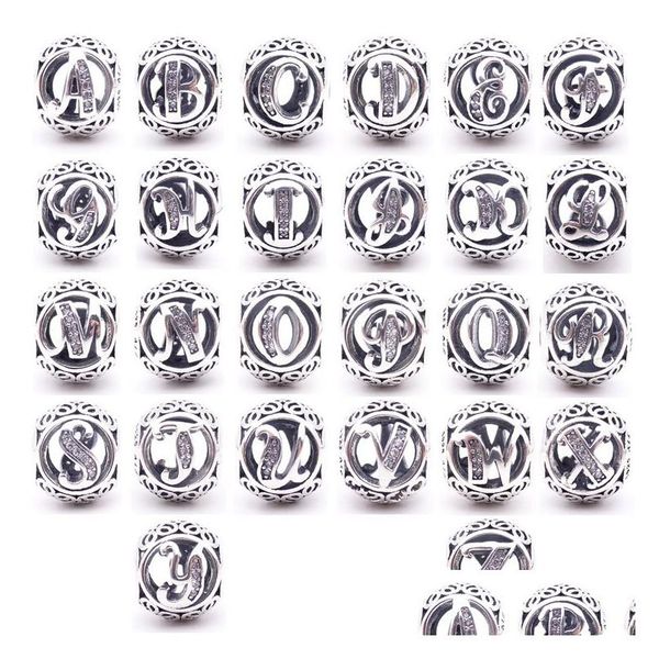 Plata auténtica 925 Sterling Sier 26 letras Cuentas Cristal Gran agujero Suelto Alfabeto Encantos para pulseras Fabricación de joyas Joyería artesanal DH8JZ