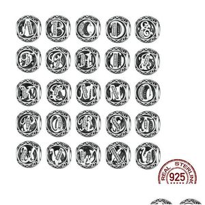 Plata auténtica 925 Sterling Sier Vintage A To Z Letter Clear Cz 26 Alphabet Big Hole Beads Fit Charms Bracelets Bangle Jewelry Drop Dha2O