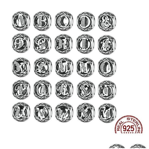 Argent Authentique 925 Sterling Sier Vintage A à Z Lettre Effacer Cz 26 Alphabet Grand Trou Perles Fit Charms Bracelets Bracelet Bijoux Drop Dht5R