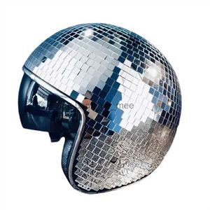 Silver Ball Helmet Party Decor Glitter Glass Disco Ball Cap Disco Ballhelm met intrekbaar Visor Halloween Hat Stage Props HKD230823