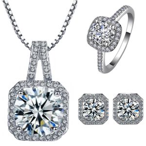 Zilveren bruidsketting oorbellen ringen set kristal bruiloft sieraden set strass choker ketting voor vrouwen (verzilverde koperen oorbellen ketting ringen set)