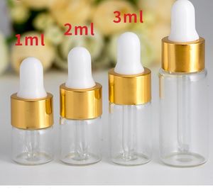 Zilveren CAP Wit Rubberen Top 1ml 2 ml 3 ml 5 ml Parfum Essentiële Olie Flessen Amber Clear Glass Dropper Fles Jars Injecties met Droppers 1200PCS SN2892