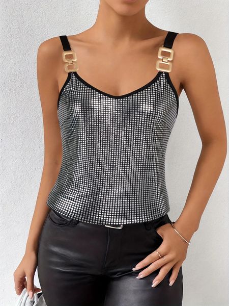 Détail de chaîne argentée Bling Top Casual Summer Metallic sans manches Vêtements pour femmes 240528