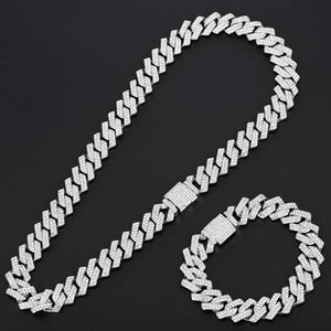 Zilveren ketting link ketting, 15mm, Miami vork, Cuba, kettingschakel, 2-rij Alle water diamant, hip-hop armband set Q0809