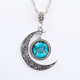 Chaîne en argent Triple lune déesse pendentif noir Wiccan bijoux lune déesse collier verre dôme pentagramme ras du cou colliers femmes2282