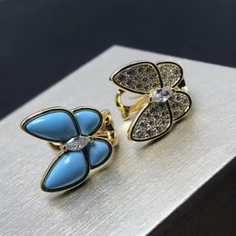 Boucles d'oreilles breloques en argent taille papillon, en forme de diamant et de turquoise, avec clip d'oreille en forme de trèfle turquoise de haute qualité