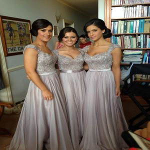 Silver Chiffon Lace Custom gemaakt nieuwe grote kortingsdop mouw lange bruidsmeisje jurken formele jurken met lint 225V