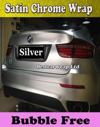 Zilver Chroom Satijn Car Wrap Film met Air Release Mat Chroom Metallic Voor Voertuig Wrap styling Autostickers maat 152x20mRoll55548230