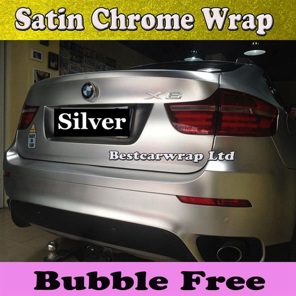 Silver Chrome Satin Car Wrap Film With Air Release Matte Chrome Metallique pour les autocollants de la voiture de style enveloppe de véhicule Taille1 52x20m Roll52278