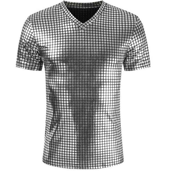 Argent Enduit Métallique T-shirt Hommes Shinny Casual Col En V Hommes T-Shirt Night Club Chemises Hip Hop Tee Top Plaid Harajuku Streetwear 210524