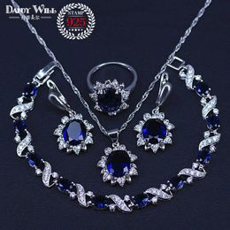 Conjuntos de joyería nupcial de Color plateado, pendientes de piedra azul CZ para mujer, pulsera, anillos, colgante, collar, regalos, caja de joyería H1022