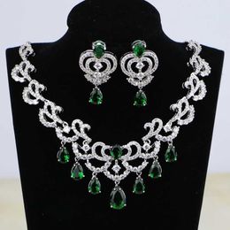 Zilveren Kleur Bruids Sieraden Water Drop Green Cubic Zirconia Wit Crystal Voor Vrouwen Huwelijk Oorbellen Hanger Ketting H1022