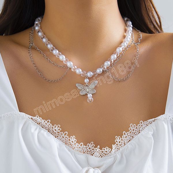 Couleur argent papillon collier à breloques tour de cou femmes bijoux collier de perles d'imitation avec chaîne en métal gland nouvelles filles