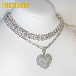 Silver Color CZ Heart Pendant Collier Hiphop Full Iced Out Cumbic Zirconia Stone Tennis Chaîne Hearts Choker Women Jewelry 220121227V