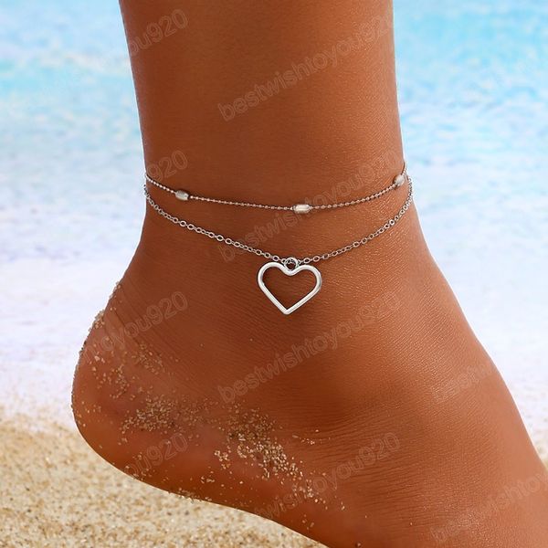 Couleur argent coeur femme bracelets de cheville pieds nus Crochet sandales pied bijoux jambe cheville sur pied cheville Bracelets pour les femmes