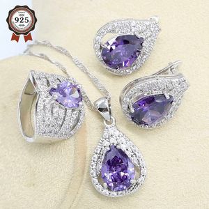 Zilveren kleur sieraden set voor vrouwen paars zirkoon hoepel oorbellen ketting hanger ring partij verjaardagscadeau H1022