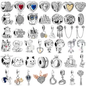 Chaîne de sécurité chat porte-bonheur couleur argent, patte de chien, couronne, hibou, pendentif d'amour, adapté aux bracelets à breloques Pandora, bricolage de bijoux en perles originales pour femmes