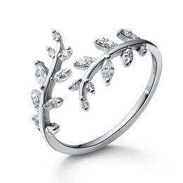 Couleur argentée minimalisme brillant diamant feuille d'ouverture anneau femelle mode femelle bijoux anniversaire cadeau