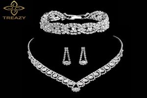 Silver Color Rhinestone Crystal Bridal Bijoux pour femmes Collier Boucles d'oreilles Bracelet Bijoux de mariage Accessoires 8315086