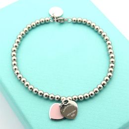 Женские дизайнерские браслеты серебряного цвета с двойным сердечком, роскошный браслет из нержавеющей стали с шариком и сердечком2359