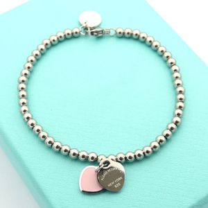 Silver Color Women Designer Bangles Double Heart Pendant En acier inoxydable Baule de luxe Perle de cœur bracelet222h