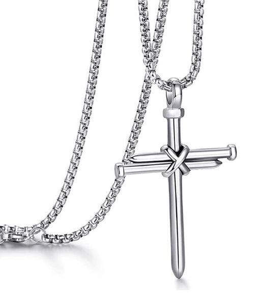 Collier croix en argent pour hommes et garçons, pendentif à ongles, bijoux à breloques, force, verset de la Bible, en acier inoxydable scintillant, 3 mm, 24 pouces