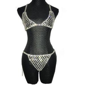 Argent cristaux chaînes Bikini soutien-gorge sous-vêtements anniversaire danse fête Sexy porter deux pièces ensemble femme chanteuse Bling Costume Stage182S