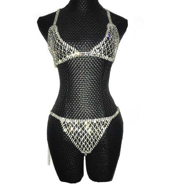 Silver Crystals Chains Bikini Bra Sous-vêtements Birthday Dance Party Sexy Wear Two Piece Singer Singer Bling Costume Stage 217X