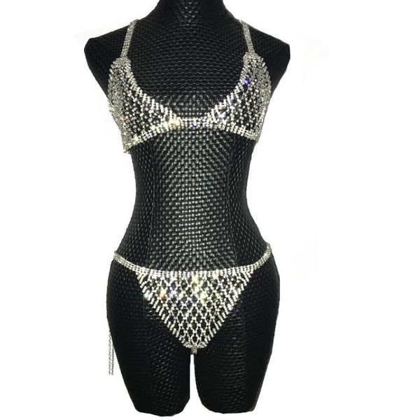 Silver Crystals Chains Bikini Bra Sous-vêtements Birthday Dance Party Sexy Wear Two Piece Singe Singer Bling Costume Stage 242N