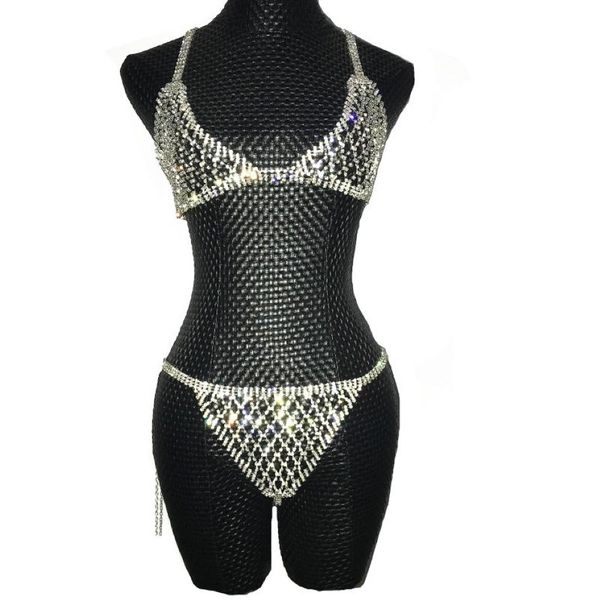 Silver Crystals Chains Bikini Bra Sous-vêtements Birthday Dance Party Sexy Wear Two Piece Singe Singer Bling Costume Stage 348Z