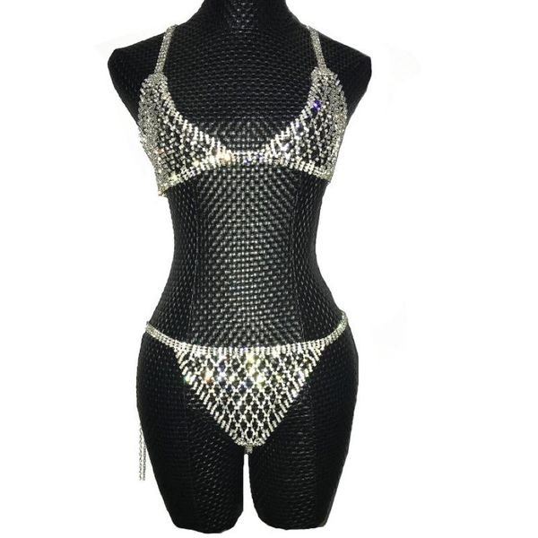 Silver Crystals Chains Bikini Bra Sous-vêtements Birthday Dance Party Sexy Wear Two Piece Singe Singer Bling Costume Stage 292R