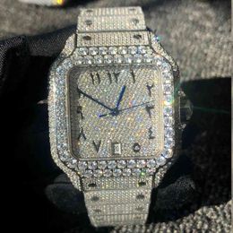 Montre en argent avec diamants et zircone cubique, chiffres arabes, luxe Missfox carré automatique pour hommes, montres entièrement glacées, montre-bracelet en Zircon