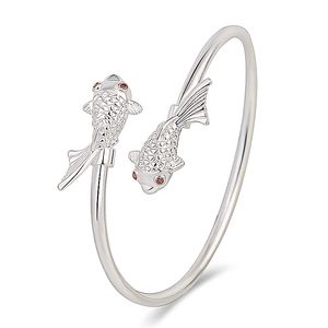 Bracelet manchette en argent pour femme bijoux de mariage cadeaux ouvert Double poisson Bracelet porte-bonheur Vintage bracelets réglables