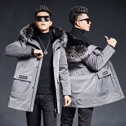 Manteau de vison mi-long avec col en fourrure argenté, à capuche, décontracté, Style masculin, R08Q, hiver