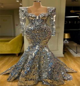 Zilveren Designer Mermaid Avondjurk Luxe Pailletten Lange Mouwen Prom Dress Hot Sale Sweep Train Custom Made Robe de Soirée
