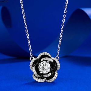 Zilveren diamant zwarte camellia hang ketting voor vrouwen verstelbare kettinglengte live uitgezonden sieraden em67