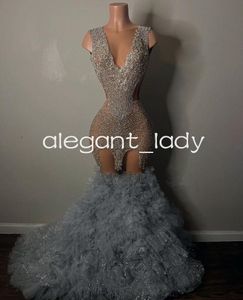 Robes de cérémonie de soirée sirène argent diamant pour femmes luxe Gillter cristal robe de bal d'anniversaire vestidos de gala mujer