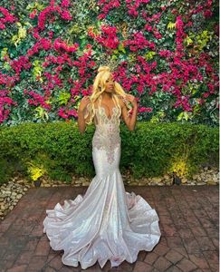 Zilveren diamant sprankelende zeemeermin prom ceremonie jurken voor zwart 2024 luxe kristal lange avondjurk vestido boda invitada