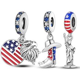 Silver Eagle and America Flag Dangle 925 Estatua de plata esterlina de Liberty Charm Beads Fit Pando Pando Collar Joyería de bricolaje