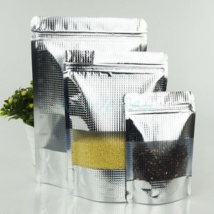 Sacs en relief argentés, 12x20cm 100pcs / lot X Sac ziplock Amboss en aluminium argenté autoportant avec fenêtre, pochette de rangement pour champignons séchés