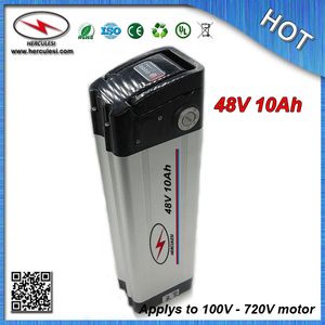 Zilveren visbatterij 48v 10AH lithium ion batterij voor 200W - 700W elektrische fiets met 2.0AH 18650 cel 15A BMS + 2A-oplader