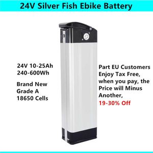 Gratis Verzending zilveren vis bodemontlading ebike batterij 24 v 10ah 12ah 15ah 20ah voor 24 v 250 w 350 w 500 w E-bike batterij