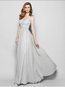 Argent longueur au sol Illusion demi manches en mousseline de soie et tulle a-ligne mère de la robe de mariée appliques à col en V et robes de mère de perles