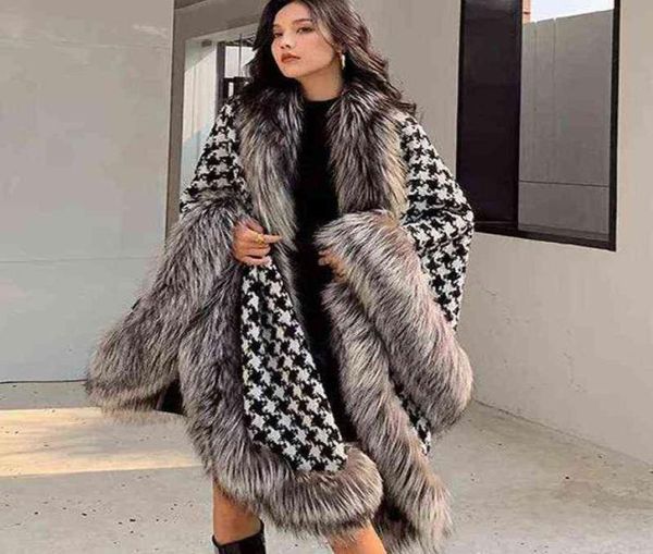 Manteau de fourrure de renard argenté hiver femmes châle pied de poule Cape en Stock fausse fourrure manteaux veste pour soirée X11069790515