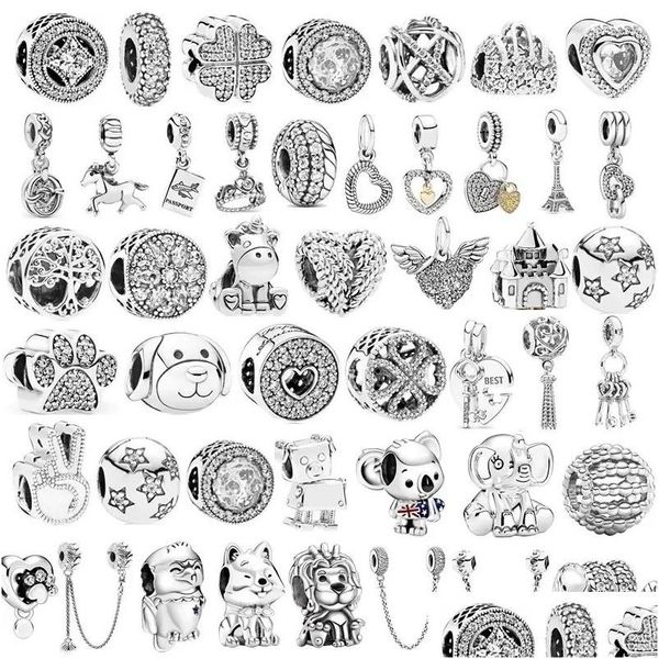 Argent Véritable 925 Sterling Sier Plume Lion Chaîne De Sécurité Couronne Ailes Pendentif Perles Pour Pandora Charme Bracelet Diy Original Bijoux Dh2T3